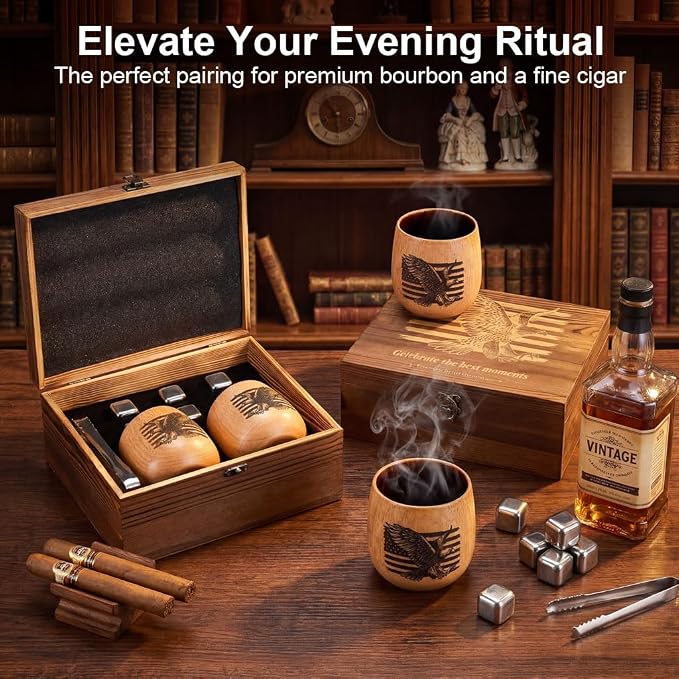 Oak Wood Whiskey Glass, Handcrafted Engraved Charred Wooden Tumbler, Unbreakable Old Fashioned Bourbon Glass for Men, Rustic Drinking Cup with Unique Design, Ideal Gift for Lovers