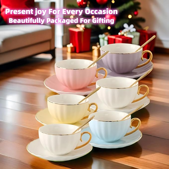 ICHAG 18-Piece Bone China Cup and Saucer Set, 7.7oz Pumpkin Coffee Cups with Golden Trim & Spoons, Heat Resistant Porcelain Mugs for Afternoon Tea, Home, Office, Party & Gifting