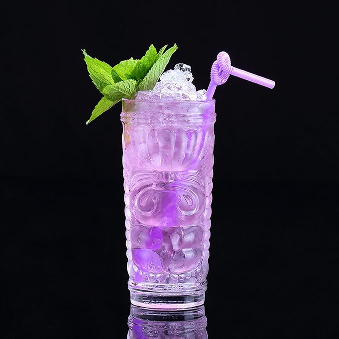 Tiki Glasses Set of 6 - 14 Oz Highball Glasses for Cocktails - Modern Clear Tropical Cups Tumbler Set - Mixed Drinking Glass for Hawaiian Bar Island Party Beverages Iced Tea