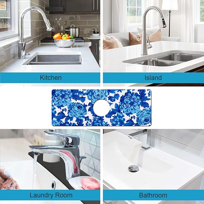 Kitchen Sink Splash Guard Faucet Mat Super Absorbent Fast Drying Mat Sink Gadgets Splash Guard Behind Faucet Drip Catcher for Kitchen (Blue Flowers, 15x5.5in)