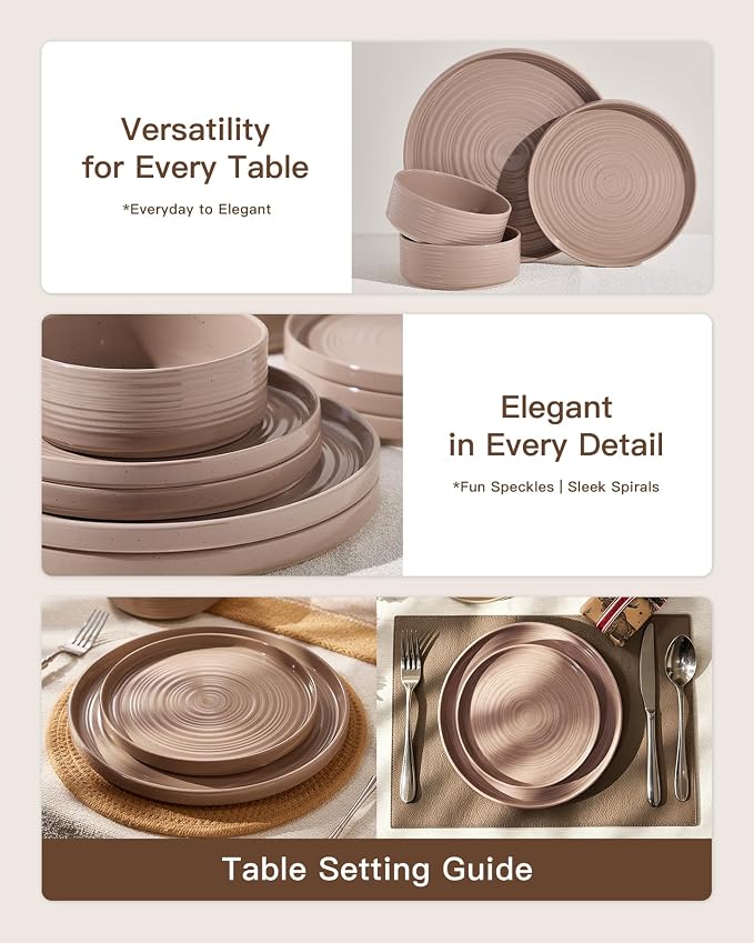Stoneware Dinnerware Sets for 6, 18-Piece High Edge Plates and Bowls with Speckled Glaze & Spiral Design - Chip & Scratch Resistant, Microwave & Dishwasher Safe - Gift Box, rown