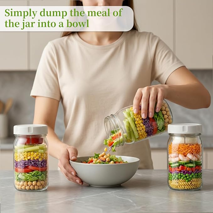 6 Pack Glass Salad Jars with Lids Meal Prep, 32oz Meal Prep Glass Salad Jars with 6 Stainless Steel Forks Wet/Dry Dressing Cups for Home, Office and Outdoor, 32oz Mason Jars