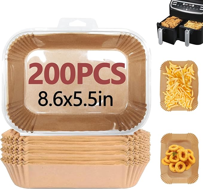 200PCS Air Fryer Liners for Ninja, 8.6 x 5.5 inch Disposable Air Fryer Paper Dual Basket, Non-Stick Unbleached Parchment Paper Baking Accessories Liners for Natural Ninja DZ201 DZ401