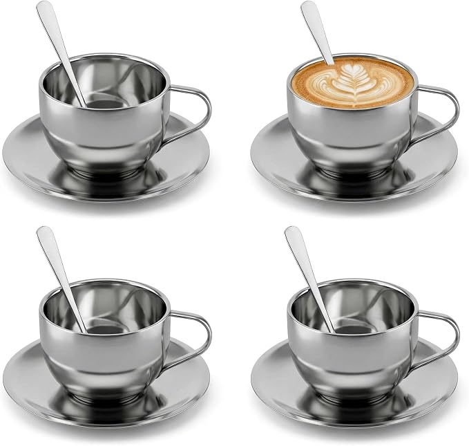 4 Pack Stainless Steel Coffee Cup Set, 6 Oz Coffee Mugs with Spoon and Saucer Insulated Espresso Cup Double Walled Silver Tea Set for Latte Milk, Cappuccino