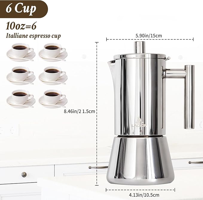 LAOION Stovetop Espresso Maker, 6Cup 10 oz Moka Pot, Stainless Steel Cuban and Italian Coffee Maker for Cafetera Cubana, Greca De Cafe Induction Stovetop Compatible, Coffee Gift for Home Travel