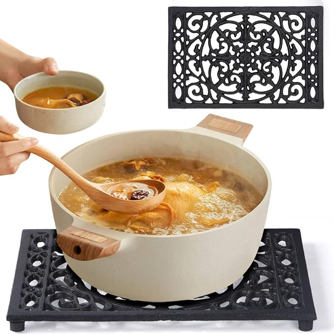 Notakia 9.6 x 6.3 Inch Cast Iron Trivet Set, Large Metal Trivets for Hot Dishes Pots Pans Decorative Kitchen Trivets, Heat-Resistant Trivet Mats for Quartz Countertops, Table Cooktop (Black, 1 Pack)