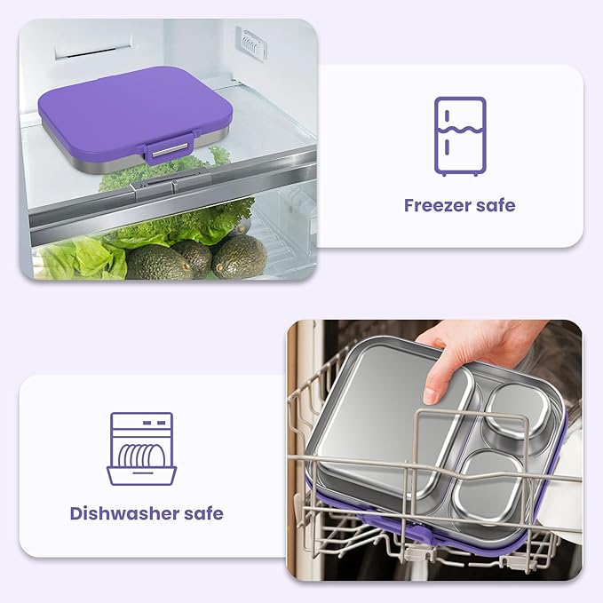 Stainless Steel Lunch Box, Leak-Proof with free sealing Bento Box 3 Compartments, Metal Lunchbox for Travel & Work, Eco-Friendly Meal Storage Solution Purple