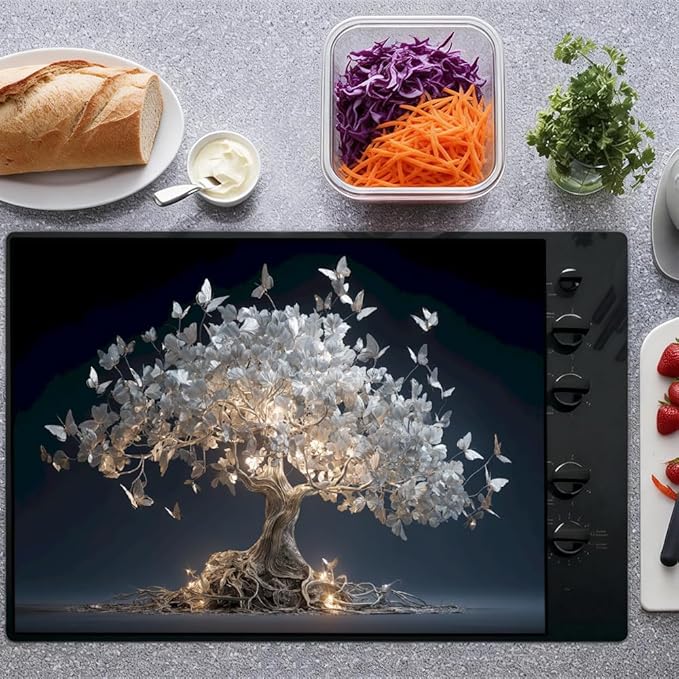 Stove Top Cover for Electric Stove 28.4 x 20.5 Inch Non Slip Stove Mat Oil Proof White Butterfly Tree Glass Cooktop Protector Kitchen Counter Mat