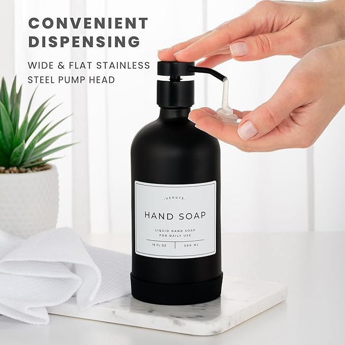 Hand and Dish Soap Dispenser for Kitchen and Bathroom, Set of 2 16 Oz Glass Bottles, Stainless Steel Pumps, Non-Slip Silicone Base, 27 Waterproof Labels (Matte Black Bottle/Black Pump)