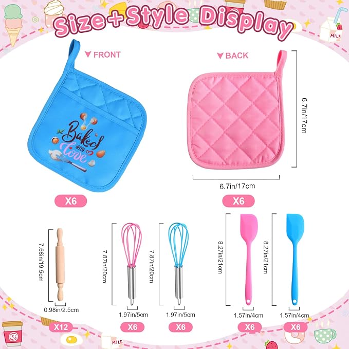 RoundFunny 48 Pcs Kids Mini Baking Supplies with Kitchen Utensil, Pot Holders, Spatula, Rolling Pin, Whisk for Kids Classroom School Exchange Party Favors (Medium)
