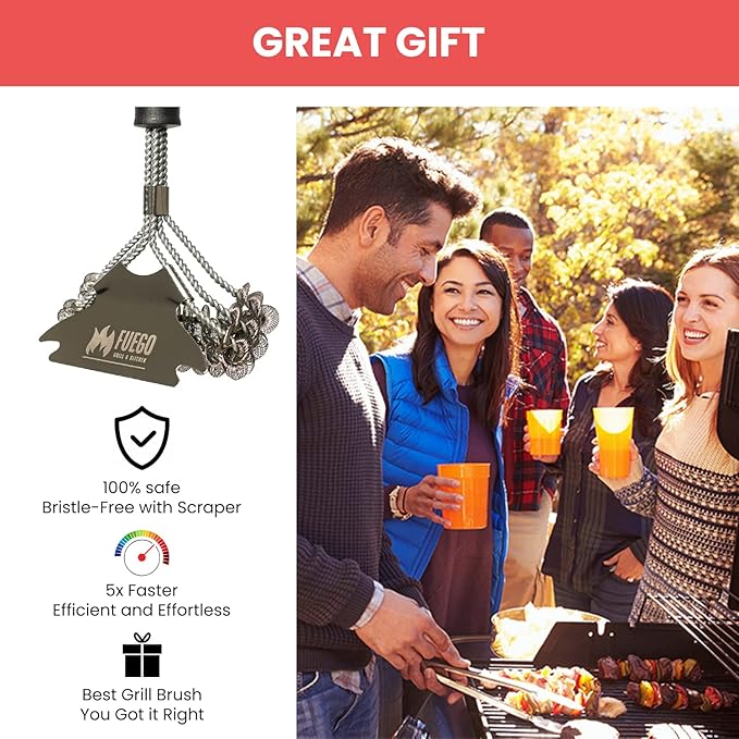 Fuego Grill Brush and Scraper Bristle Free - 17” Safe BBQ Brush for Gas/Charcoal/Weber Grills - Stainless Steel Triple Helix Grill Cleaner - Quality Grill Accessories for Dad