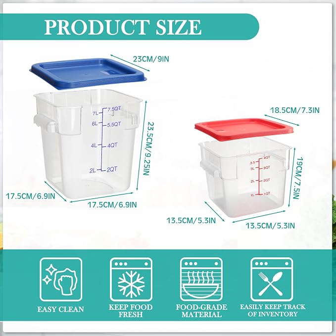 Lallisa 4 Pcs 8qt & 4qt Clear Food Storage Containers with Lids Handles and Scales, Stackable Plastic Square Food Storage Containers for Dough Proofing Baking Kitchen Restaurant(Red, Blue)