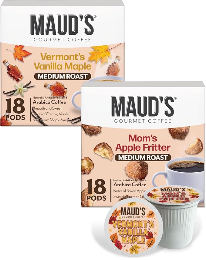 Maud’s Maple Vanilla & Apple Fritter Flavored Coffee Pods Variety Pack, 36 ct, Medium Roast Single Serve Pods – 100% Arabica Coffee, Compatible with Keurig K Cups Maker