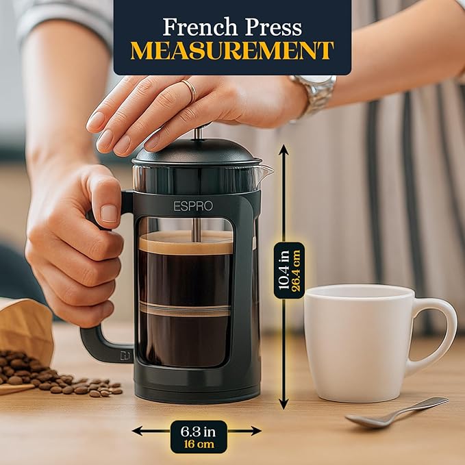 ESPRO Light P3 French Press Coffee Maker – Patented Double Micro-Filter for Grit-Free Brew, Heat Resistant thicker Borosilicate Glass Coffee press – (Black, 32 oz)