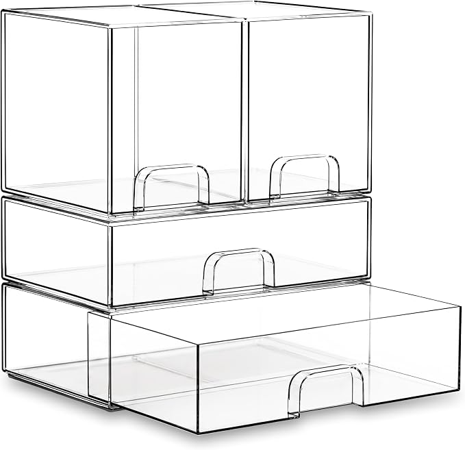 Stackable Storage Drawers Organizer Set of 4 for Bathroom Organizer Storage | Clear Plastic Organizer Bins for Baby Bottle, Kitchen Under Sink, Laundry, Pantry, Beauty, Cabinet, Medicine, Office Supplies