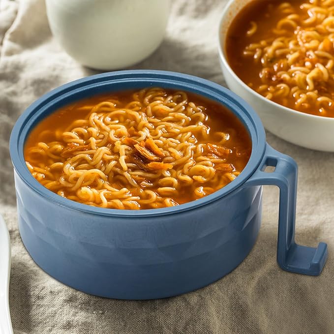 2 Sets Microwave Ramen Bowl 40 oz Wheat Fiber Portable Instant Noodle Cooker Bowl with Handles Strainer Spoon Chopstick Fork College Dorm Room Apartment Essentials(Dark Green,Dark Blue)