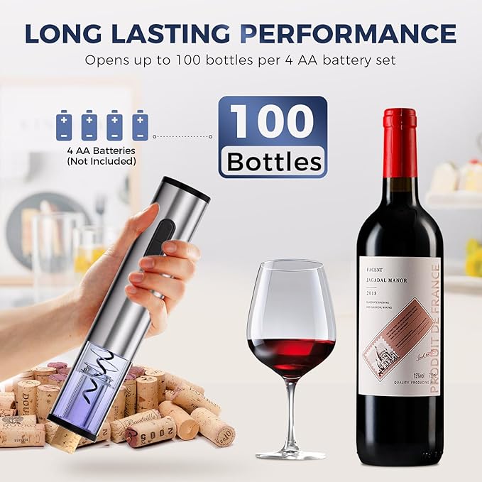 6-in-1 Electric Wine Opener, Battery Operated Automatic Wine Opener with Foil Cutter, Aerator, Vacuum Stopper & Base, One-Touch Operation, Stainless Steel, Sliver, Perfect for Home Bar, Gifts, Outdoor