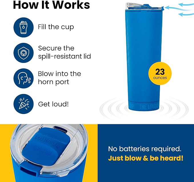 The LoudCup Blow Horn Tumbler, Cheer & Sip 2-in-1 Reusable Water Bottle with Built-In Horn for Sports Games, Tailgates, Parties & Events, BPA-Free, 23 oz, Marlin Blue