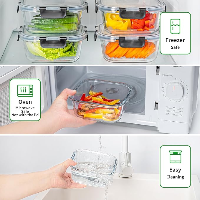 4 Pack 27oz Glass Food Storage Containers with Lids and 4 Pack 32OZ Glass Meal Prep Containers Microwave, Oven, Freezer and Dishwasher, BPA Free