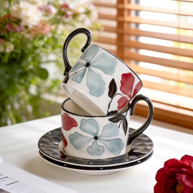 KAMMAK Tea Cups and Saucers Set of 2, Porcelain Coffee Cups, 8.5-Ounce Stackable Espresso Mugs, Ceramic Demitasse for Coffee, Latte, Americano, GX21