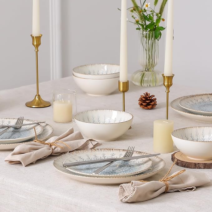 DOMICREVERY Ceramic Dinnerware Sets for 4, 12 pcs Scratch Resistant Dish Set, Blue Branch