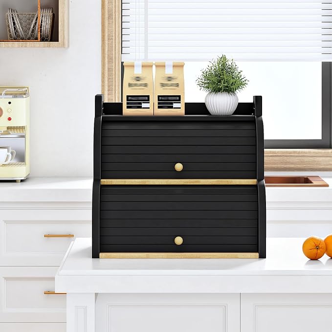 HOOBRO Bread Box, Bamboo Bread Box for Kitchen Countertop, 2-Tier Roll-Top Bread Bin, Food Storage Box, Bamboo Storage Cabinet with Handles, for Kitchen, Dining Room, Black BK15MB01
