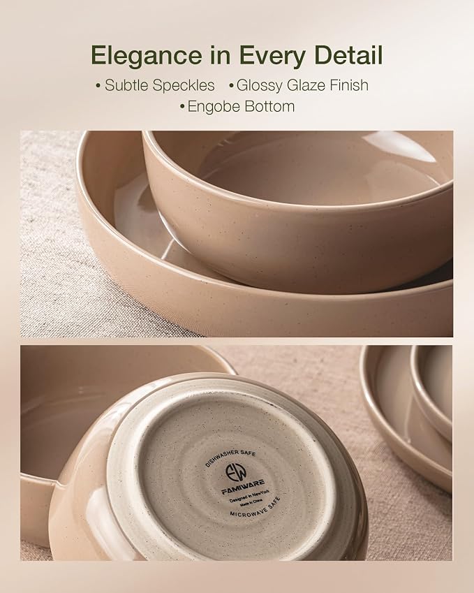 Famiware Milkyway Stoneware Dinnerware Sets with Pasta Bowls, Service for 6 (24 Pieces), Plates and Bowls Sets -Scratch Resistant, Microwave and Dishwasher Safe Dishes Set, Cinnamon Brown