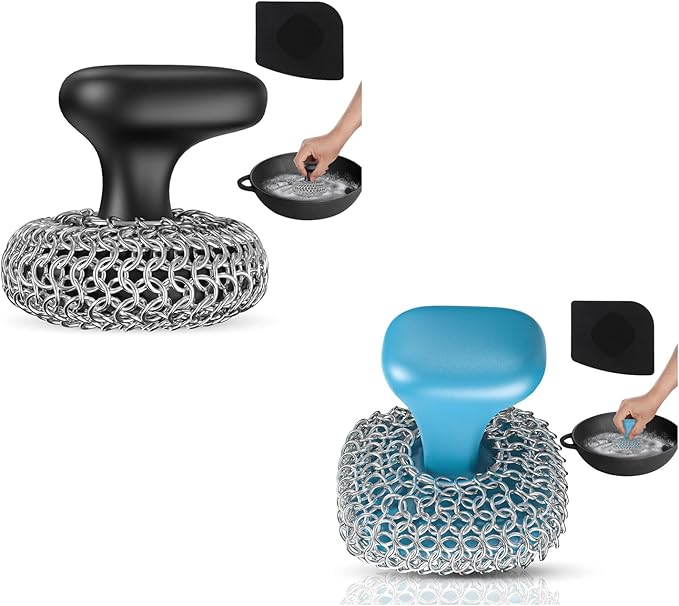 Cast Iron Scrubber | Dish Scrub Brush | 316 Cast Iron Cleaner Chainmail Scrubber Circle + Square 2PCS