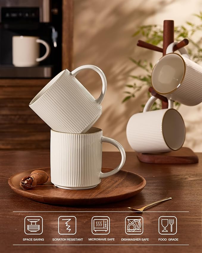 famiware Coffee Mug Set for 6, Star 16 oz Catering Mugs Cup Set with Handle for Coffee, Tea, Cocoa, Milk - Ceramic Stoneware Drinkware Set, White