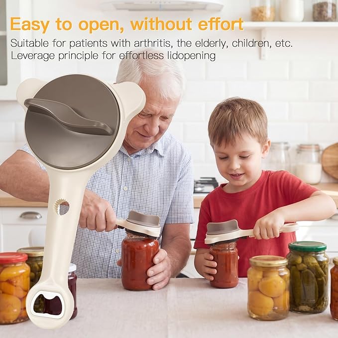 4-in-1 Multi-Functional Jar and Bottle Opener, Adjustable Stainless Steel Lid Remover for Weak Hands & Seniors, Fits Kitchen Jars, Bottles, Cans (Beige)