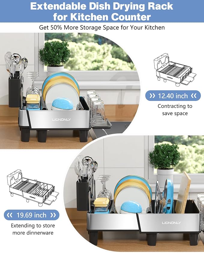Dish Drying Rack, 304 Stainless Steel Exendable Dish Rack with Adjustable Drain Spout, Large Capacity Dish Drainer with Utensil Holder, Cup Holder and Cutting Board Rack for Kitchen Counter, Black