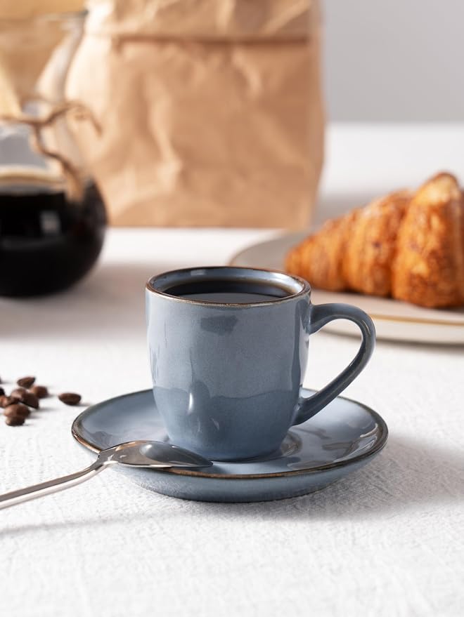 famiware Ocean Espresso Cups with Saucers Set of 4, 3.34oz Espresso Cup Set, Coffee Mug Set for Latte, Macchiato, Stoneware Demitasse Cups Set for Cafe, Microwave&Dishwasher Safe, Blue