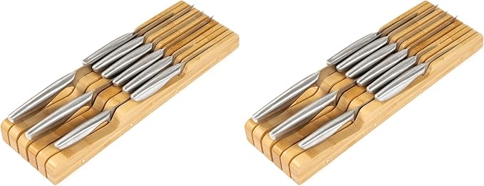 KitchenEdge Bamboo Kitchen Knife Block Holder Organizer - Holds 5 Long + 6 Short Knives (Not Included), Fits Most Knife Sizes, Rubber Feet, Sustainable Bamboo, In-Drawer Design (Pack of 2)
