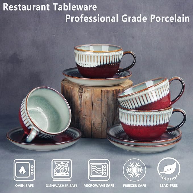 Cappuccino cup with tray, 8.5 oz. Set of 4 Ceramic Coffee Cups and Saucer Set for Latte, latte art cup, suitable for latte/cappuccino/milk/tea