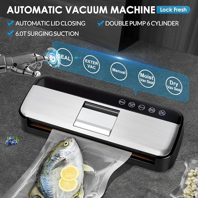 85KPa Vacuum Sealer Machine, One-Touch Automatic Food Sealer with 15 Bags, Dry/Moist/Seal/Manual/External Vac, 7MM Heating wire, Compact Easy-Clean for Food Storage and Sous Vide