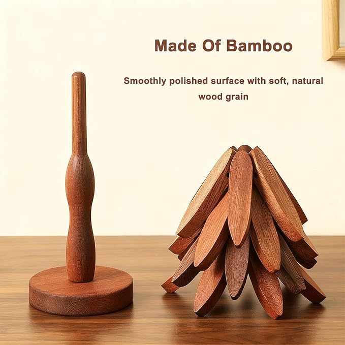 Natural Tree Trivet Set - Natural Foldable Kitchen Trivets, Handmade Wooden Hot Pad Holder for Plates, Pots, Pans, Cup, Kitchen Dining Table Protection (Brown, S)