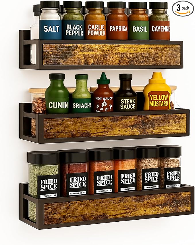 Spice Rack Wall Mount 3 Pack, Space-Saving Seasoning Organizer,Screw or Adhesive Hanging Spice Rack Organizer for Kitchen Cabinet and Wall (Engineered Wooden)
