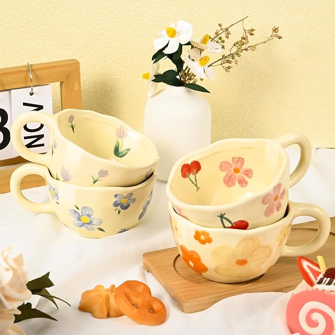 Ceramic Coffee Mug Vintage Flower Mugs 8 oz Cute Floral Coffee Mugs Irregular Latte Art Cup Lead-free Porcelain Cups for Cappuccino, Cocoa (4 Pack)