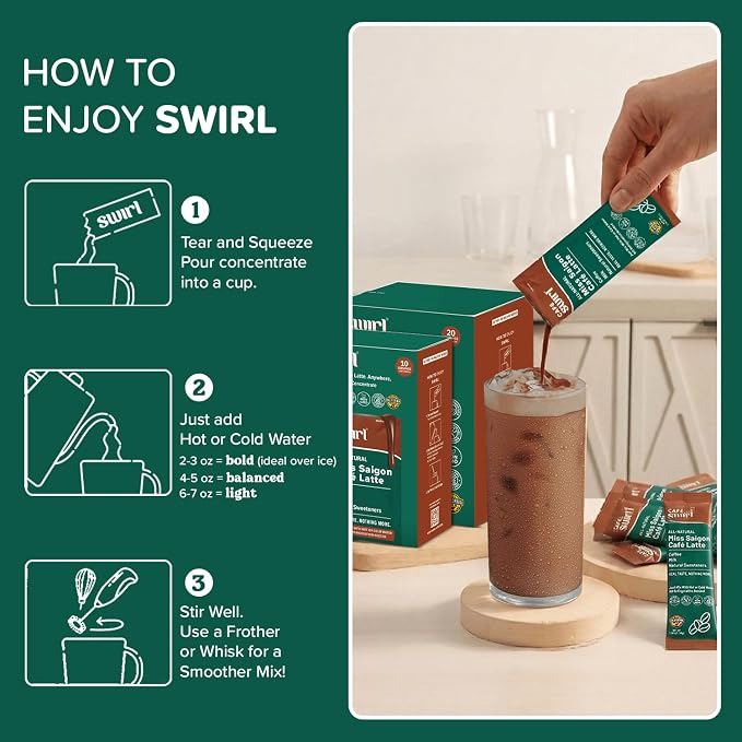Swirl - Miss Saigon Cafe Latte - Vietnamese Inspired Espresso, Milk Blend, Single Serve, Smooth, Sweet, Balanced, No Fridge - 38g per pack 20 packets