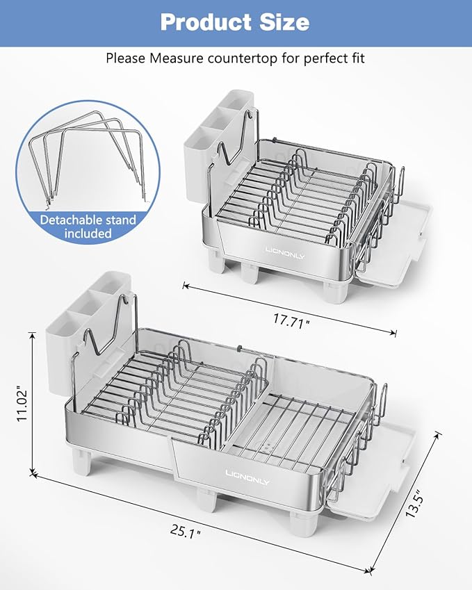 Dish Drying Rack, 304 Stainless Steel Expandable Dish Rack with Adjustable Drain Spout, Large Capacity Dish Drainer with Utensil Holder, Cup Holder and Cutting Board Rack for Kitchen Counter, White