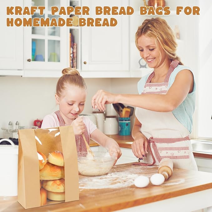 300 Packs Paper Bread Bags for Homemade, Sourdough Bread Bags with Clear Window Includes Label Seal 300 Pcs Stickers, Bakery Packaging Storage for Cookies Snack (13.7x8.2x3.5 inch)