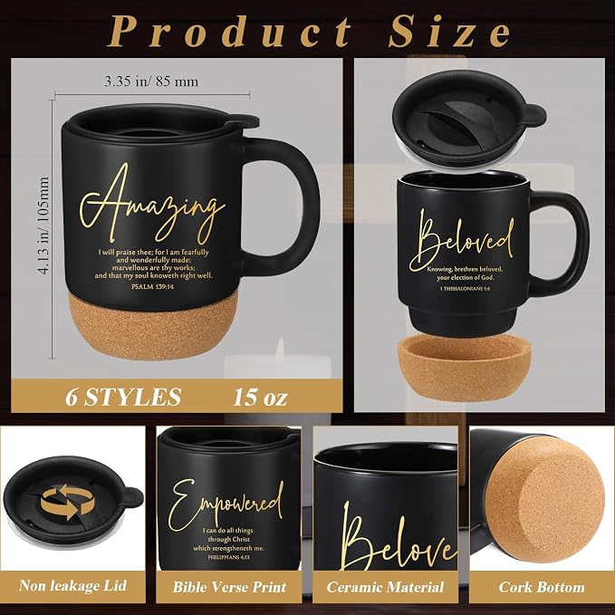 FillTouch 6 Set Christian Gift for Men 15 oz Bible Verse Ceramic Coffee Mug A6 Leather Journal with Pen and Scented Candle Religious Gift for Church Pastor Sunday School(Black)