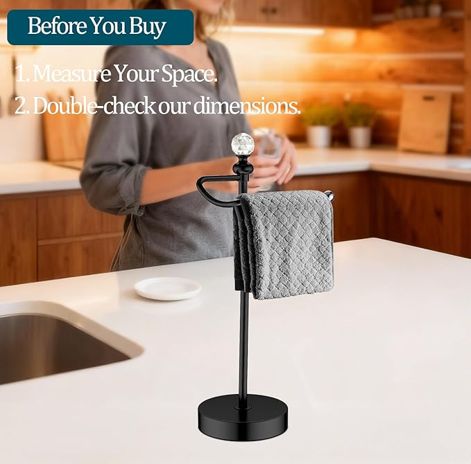 ROLABAM Heavy Weighted Hand Towel Holder(with Crystal Ball) Standing Hand Towel Holder Total Height 15.7'' for Kitchen,Bathroom,Vanity,Classic Decorative Metal Hand Towel Stand,Matte Black