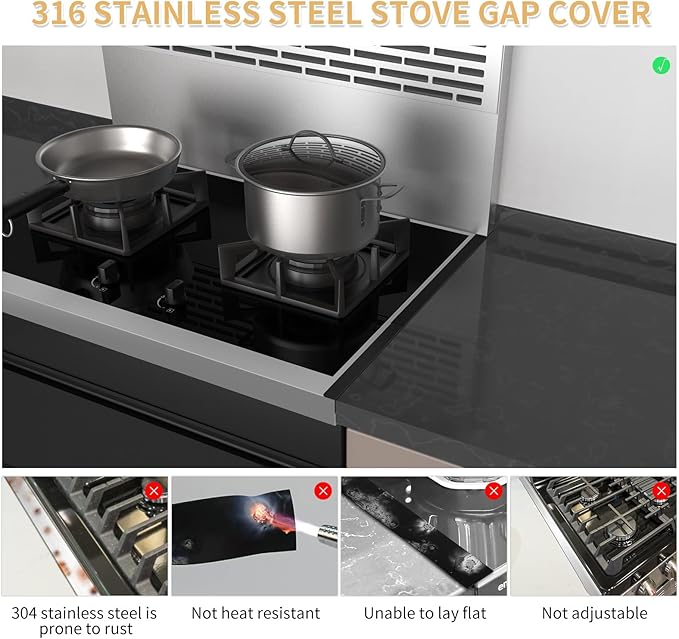 316 Stainless Steel Stove Gap Covers,2 Pack Stove Gap Filler,Range Trim Kit,Heat-Resistant Stove Gap Guard,Easy Retractable Length 13.8" to 27.5",Width 0.78",Black