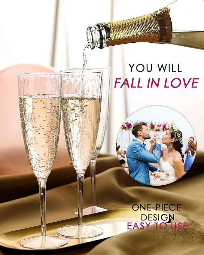 HyHousing 16 Pack Plastic Champagne Flutes, 6 Oz Clear Disposable Champagne Glasses with Long Stem, Elegant Toasting Flutes for Wedding Bridal Shower Brunch Mimosa Bar Party