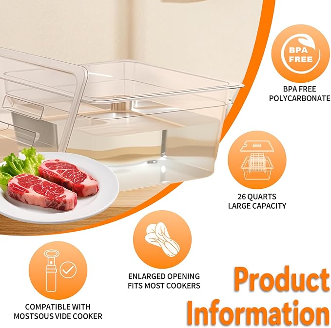 26 Quart Sous Vide Containers with Lid Compatible with Wancle Anova Nano AN500-US00 Pro 3.0 Mini Joule,most Instant Pot Sous Vide Cooker,BPA Free (Container with lid, 26 QT)