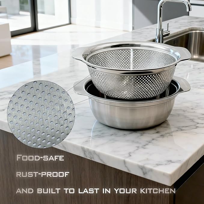 2 PCS Stainless Steel Colander, 3.5 QT 18/8 Stainless Steel Strainer, Colander for Kitchen Made of SUS304 Stainless Steel with Handle for Veggie Fruit Rice Pasta, Easy to Clean