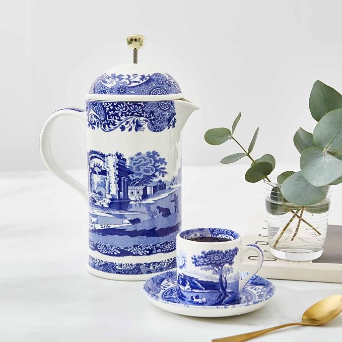 Spode Blue Italian French Press | 28-Ounce Capacity | Espresso, Coffee, and Tea Maker | Porcelain Cafetiere | Stainless Steel Plunger | Dishwasher Safe (Blue/White)