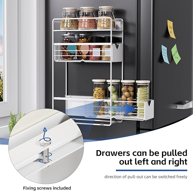 CABTE 3 Tier Magnetic Shelves for Washing Machine with Pull Out Metal Drawer,Magnetic Spice Rack for Fridge,Magnetic Rack with no Installation, Versatile Storage Organizers for Home (White, 3 Tier)