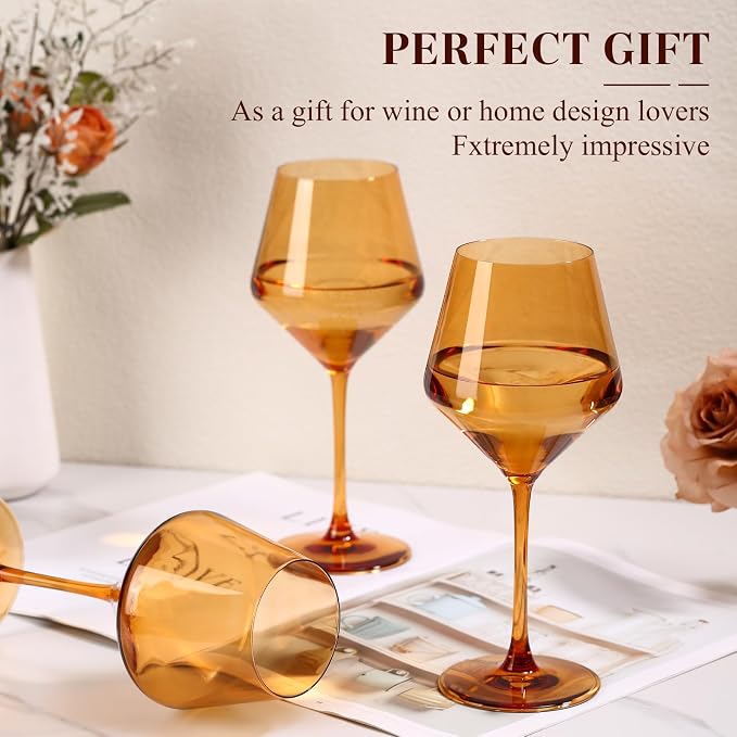Amber Wine Glasses Set of 6-17.5oz Long Stem Crystal Wine Glasses, Handcrafted Blown Colorful Stemware, Elegant Drinkware Gift for Wedding Housewarming Wine Enthusiasts